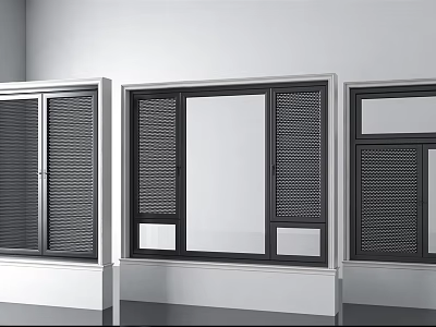 Modern Black Framed Windows With Slatted Design And Glass Panels 3d model