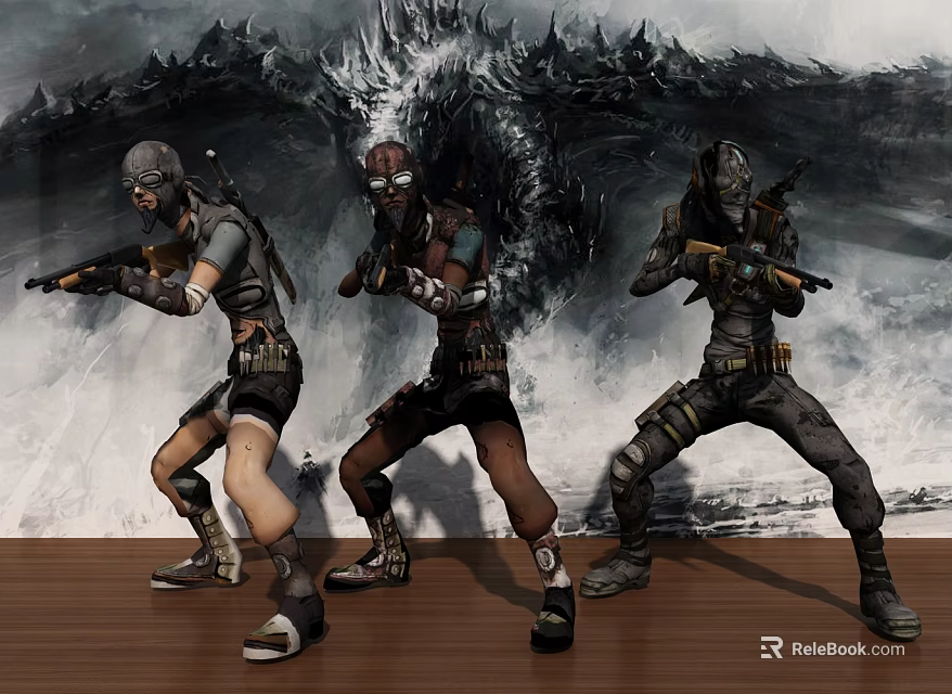 Game Movie Characters Armed With Weapons In Battle Adventure Scene With Giant Monster 3d model 