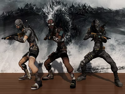 Game Movie Characters Armed With Weapons In Battle Adventure Scene With Giant Monster 3d model