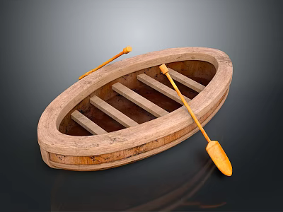 Vintage Wooden Boat With Yellow Oars And Slatted Seat Structure Design 3d model