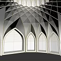 Cartoon Scene of White Arched Dome with Symmetric Geometric Patterns and Arched Doorways