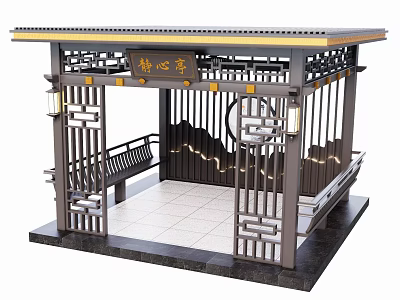 Traditional Chinese Pavilion With Wooden Carved Design And Bench Seating 3d model