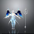 Fantasy Horned Character With Blue Wings White Outfit And Long Spear Weapon Design