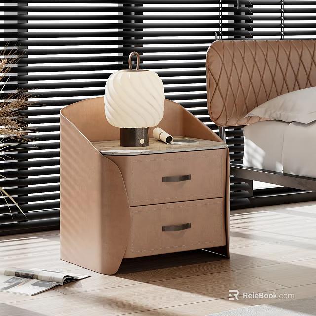 Modern Beige Leather Nightstand With Two Drawers White Table Lamp And Diamond Pattern Headboard 3d model 