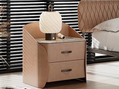 Modern Beige Leather Nightstand With Two Drawers White Table Lamp And Diamond Pattern Headboard 3d model