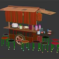 Food Cart With Orange Canopy Red Curtains Countertop Items And Stools Around