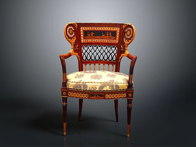 Vintage Accent Chair With Wooden Carved Frame Lattice Back And Patterned Fabric Cushion 3d model