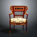 Vintage Accent Chair With Wooden Carved Frame Lattice Back And Patterned Fabric Cushion