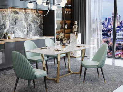 Modern Dining Table Set with Marble Top Light Green Chairs and Gold Legs in Kitchen 3d model