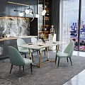 Modern Dining Table Set with Marble Top Light Green Chairs and Gold Legs in Kitchen