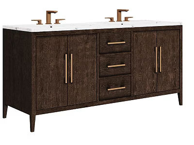 Bathroom Vanity with Twin Gold Faucets Marble Countertop Dark Wood Cabinet Drawers and Doors 3d model