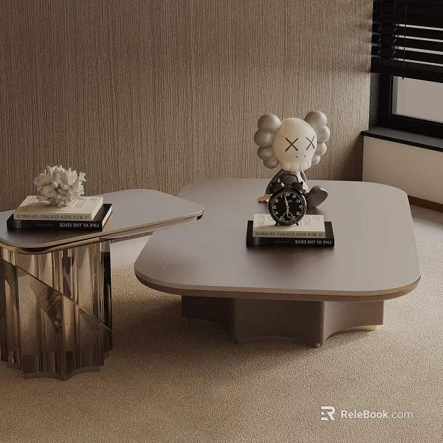 Modern Sofa Coffee Table Set with Beige Decor Sculpture Clock Books and White Floral Ornament 3d model 