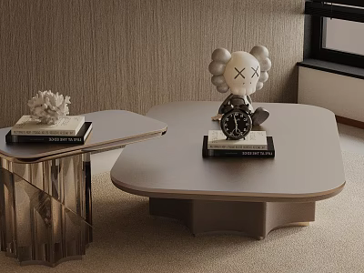 Modern Sofa Coffee Table Set with Beige Decor Sculpture Clock Books and White Floral Ornament 3d model