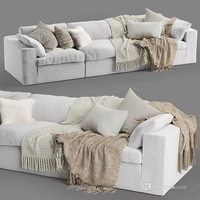 Cozy Light Colored Sectional Sofa with Soft Pillows and Fringed Woven Blankets in Living Room 3d model 