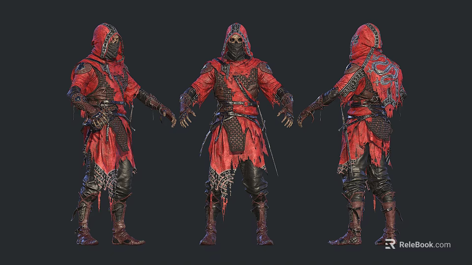 Group Of Hooded Red Armored Characters In Detailed Costume Design With Intricate Patterns 3d model 