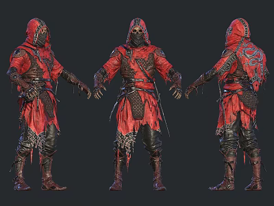 Group Of Hooded Red Armored Characters In Detailed Costume Design With Intricate Patterns 3d model