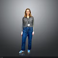 Woman Standing Against Gray Background Wearing Gray Long Sleeve Top Blue Jeans And Blue Shoes