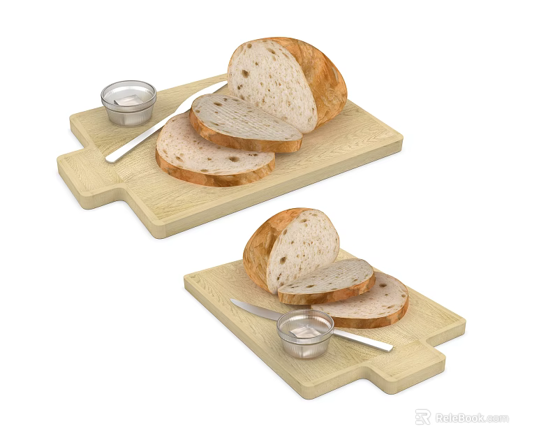Fresh Sliced Bread on Wooden Cutting Board with Knife and Small Dish 3d model 