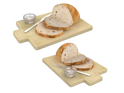 Fresh Sliced Bread on Wooden Cutting Board with Knife and Small Dish 3d model
