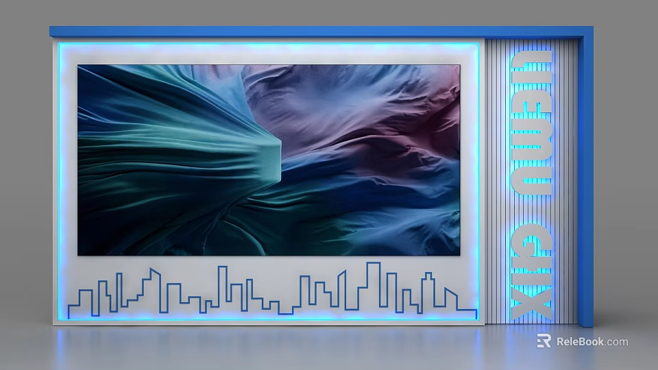 Modern Showcase Shelves With Blue Lighting And City Skyline Silhouette Background 3d model 