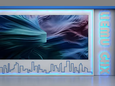 Modern Showcase Shelves With Blue Lighting And City Skyline Silhouette Background 3d model