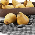 Fresh Ripe Pears in Oval Wooden Bowl with Checkered Cloth on White Background