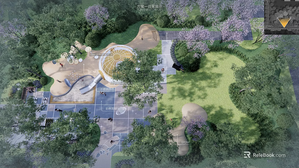 Scenic Public Park Landscape With Purple Flowering Trees Circular Dome Green Lawns And Walkways 3d model 