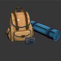 Essential Daily Life Items Including Orange Backpack Blue Roll Mat And Camera 3d model