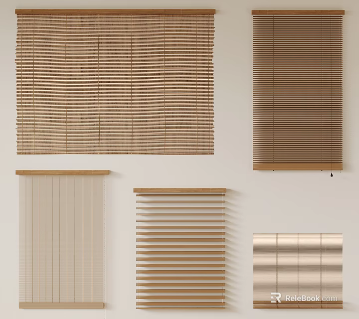 Natural Toned Woven Bamboo And Wooden Window Blinds With Slatted Designs And Roller Shades 3d model 