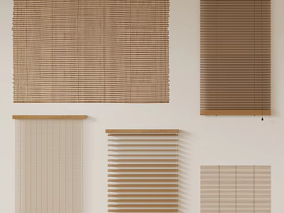 Natural Toned Woven Bamboo And Wooden Window Blinds With Slatted Designs And Roller Shades 3d model