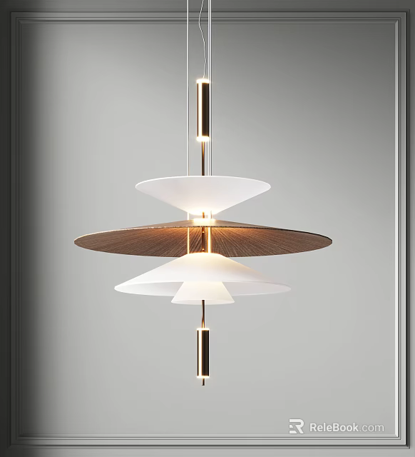Contemporary Layered Chandelier with White Glass Shades Metal Rods and Wooden Discs 3d model 