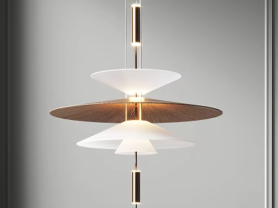 Contemporary Layered Chandelier with White Glass Shades Metal Rods and Wooden Discs 3d model