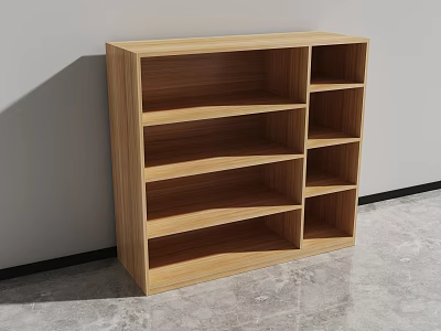 Open Shelf Wooden Cabinet With Multiple Compartments Light Wood Finish White Wall Gray Floor Interior 3d model