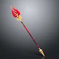 Red And Golden Spear With Flame Shaped Head And Intricate Shaft Design