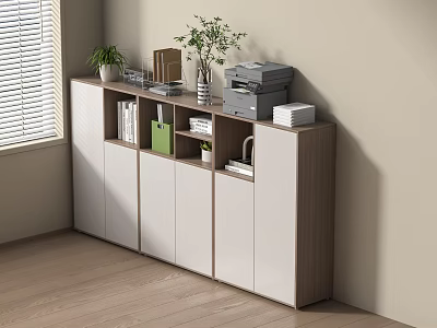 Modern Room Cabinet With White Wooden Design And Printer Books Plants Near Window Blinds 3d model