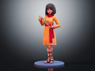 3D Girl Character In Orange Dress With Red Scarf Holding Knife Standing On Blue Platform 3d model