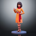 3D Girl Character In Orange Dress With Red Scarf Holding Knife Standing On Blue Platform