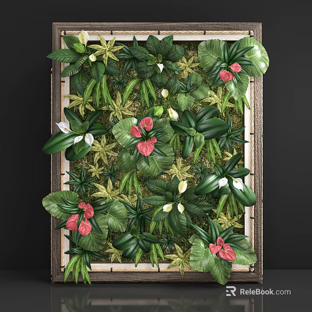 Living Plant Wall Decor with Various Green Leaves and Red Flowers in Wooden Frame 3d model 