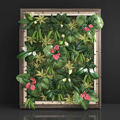 Living Plant Wall Decor with Various Green Leaves and Red Flowers in Wooden Frame 3d model
