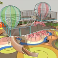 Playground Equipment Featuring Hot Air Balloon Shaped Climbing Frames Slides and Colorful Ground Near Trees
