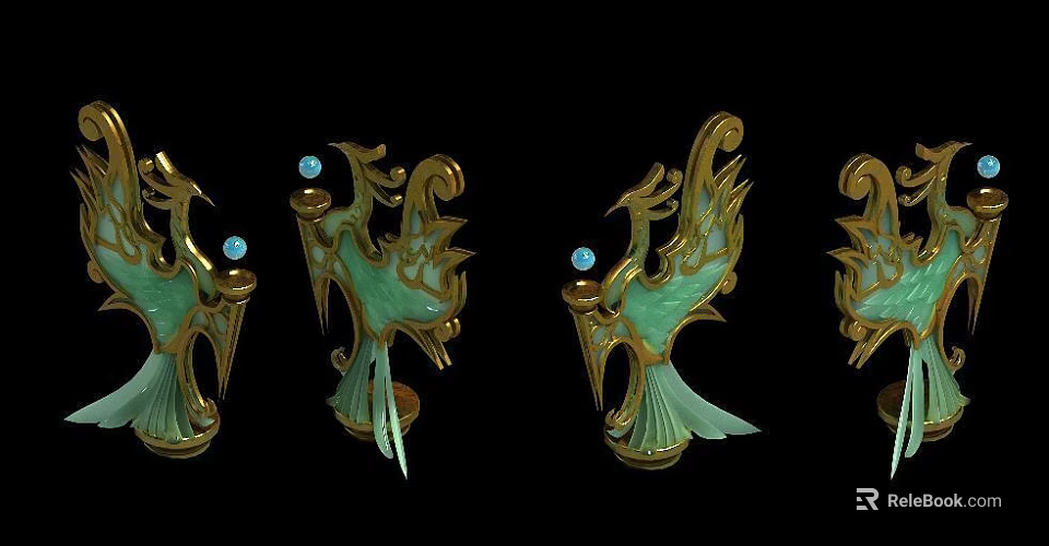Golden Green Phoenix Shaped Ornaments With Blue Gemstones On Black Background 3d model 
