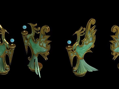Golden Green Phoenix Shaped Ornaments With Blue Gemstones On Black Background 3d model