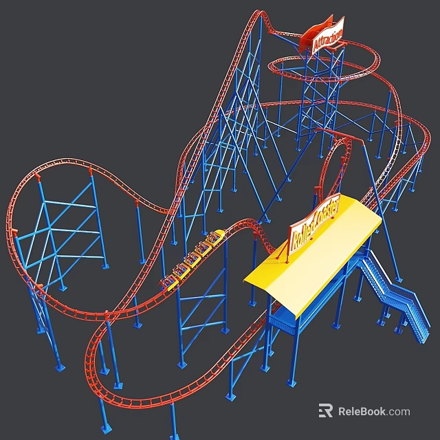 Colorful Roller Coaster 3D Model Featuring Red Tracks Blue Supports And Yellow Platform 3d model
