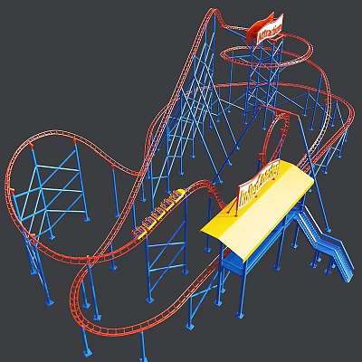 Colorful Roller Coaster 3D Model Featuring Red Tracks Blue Supports And Yellow Platform 3d model