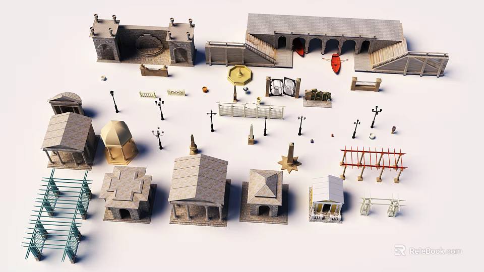 European Style Architecture Models With Various Roofs Arches And Decorative Elements 3d model