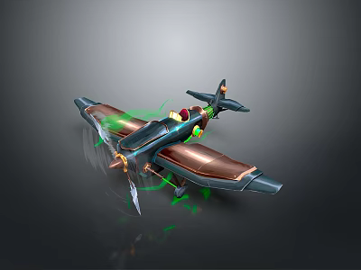 Futuristic Aircraft 3D Model Featuring Green Glowing Effects Dark Bronze Body And Dynamic Design 3d model