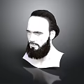 Realistic Male Character 3D Head Model With Beard Ponytail Long Hair And Gray Background Reflection