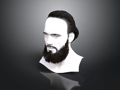 Realistic Male Character 3D Head Model With Beard Ponytail Long Hair And Gray Background Reflection 3d model