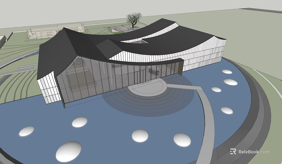 Modern Sales Office Building With Curved Black Roof Glass Facade And Circular Water Features 3d model 