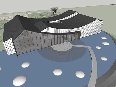 Modern Sales Office Building With Curved Black Roof Glass Facade And Circular Water Features 3d model